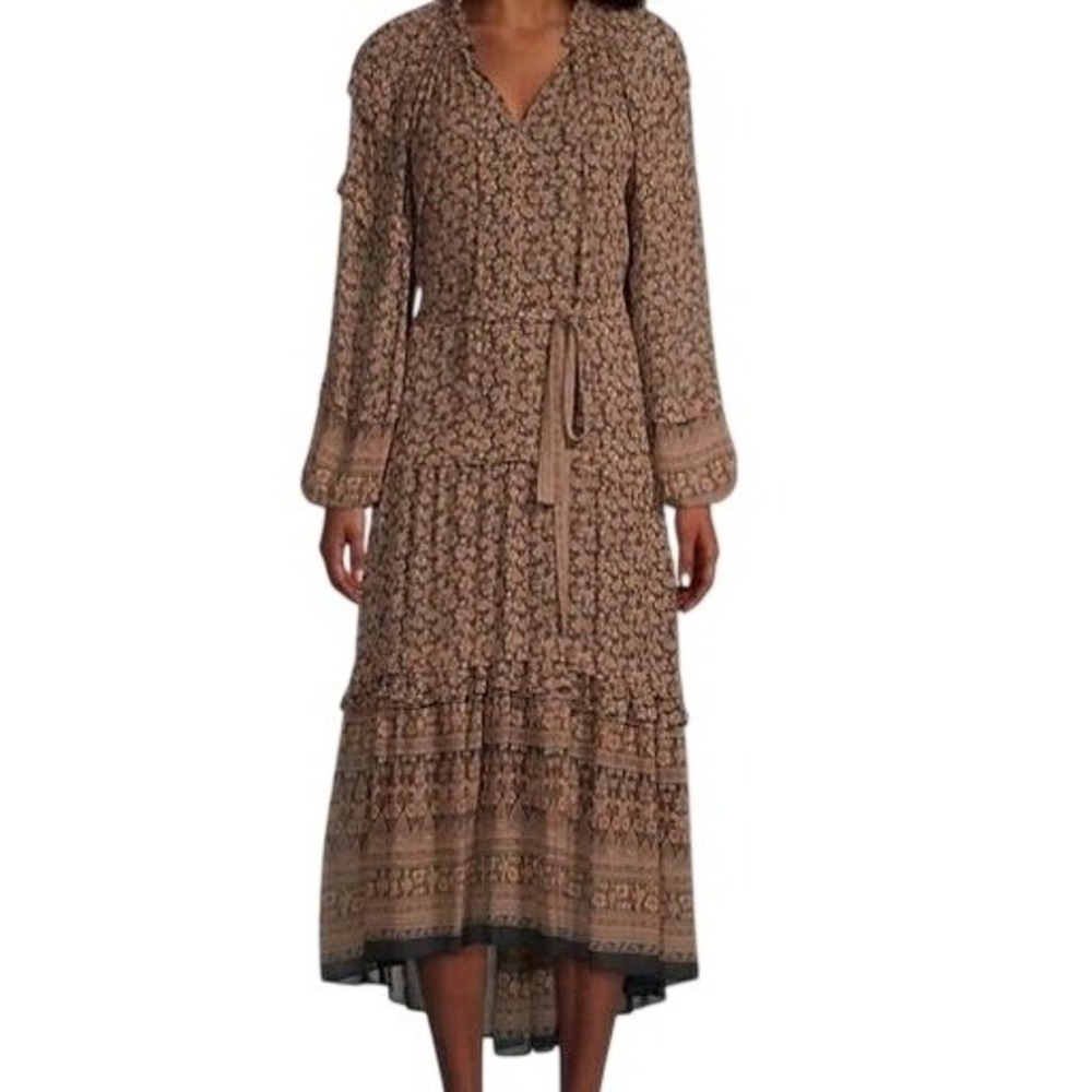 Kobi Halperin Stacie Floral Ruffled Chiffon Midi Dress XL Brown Boho Luxury